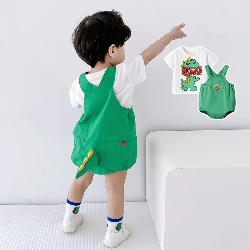 Summer New 0-3 Year Baby Clothes Infant Toddler Baby Overall Pants T-shirt Cartoon Dinosaur Korean Short Fashion Set Stereotail