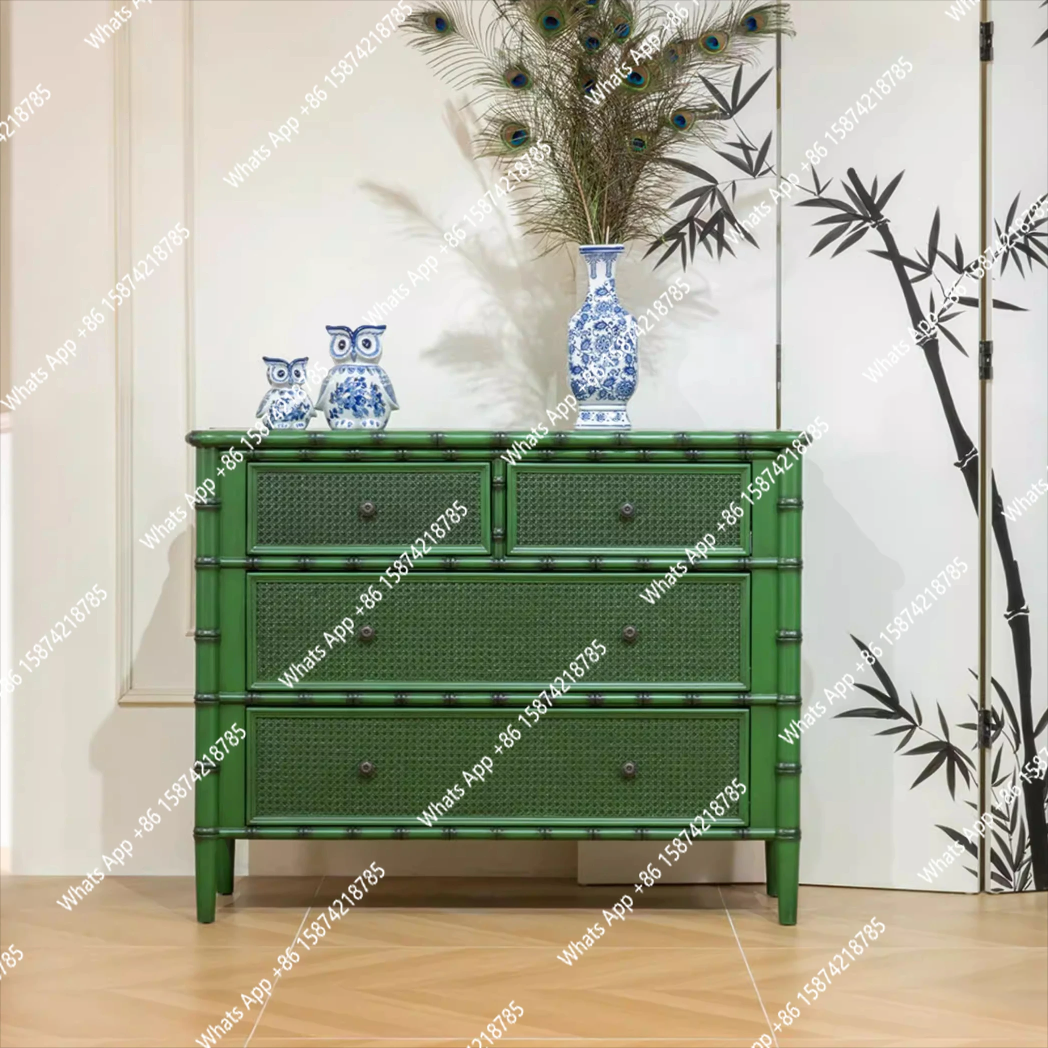 Pastoral green chest of drawers retro-style entrance bamboo cabinet four-drawer large-capacity retractable household decoration