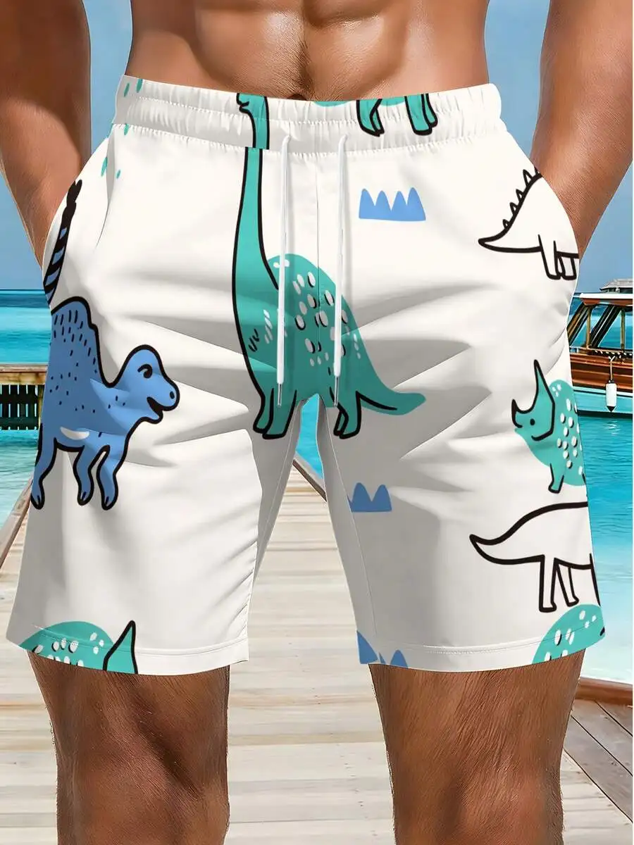 

Mens Dinosaur Print Beach Shorts Cartoon Pattern Summer Swim Trunks For Pool And Vacation