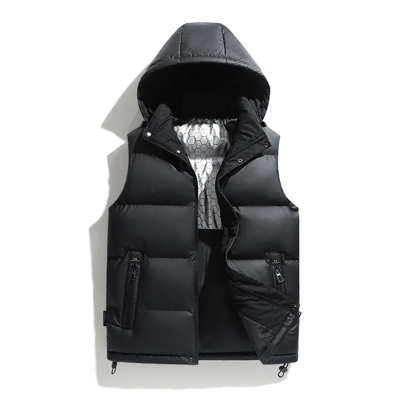 

Men PU Leather Cotton Down Padded Vest Winter Hooded Cotton Waistcoat Warm Fashionable Sleeveless Jacket мужская одежда VT-352