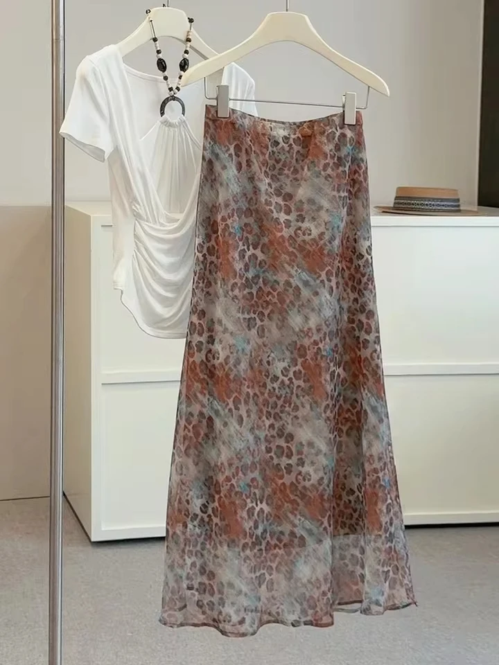 New Women's Elegant Leopard Print Long Skirts 2026 Spring Summer A-line High Waist Slimming Bodycon Skirt