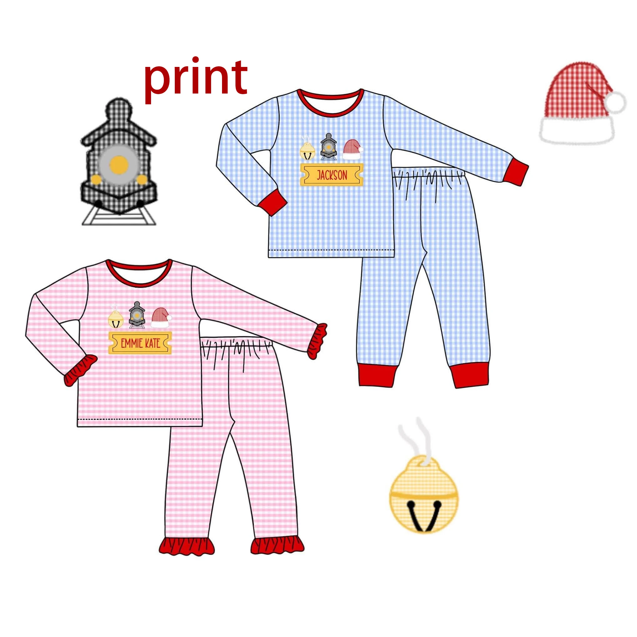 New Boys Girls Polar Xmas Outfit Polar Train Santa Bell Print Gingham Kids Christmas Long Sleeve Pajama 2Pcs Set