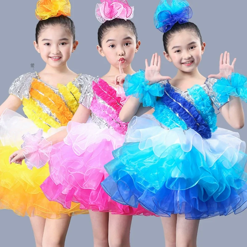 

Children Girls Classical Dance Costume Sequins Bubble Skirt Ballroom Dancewear Competition Performance Outfits
