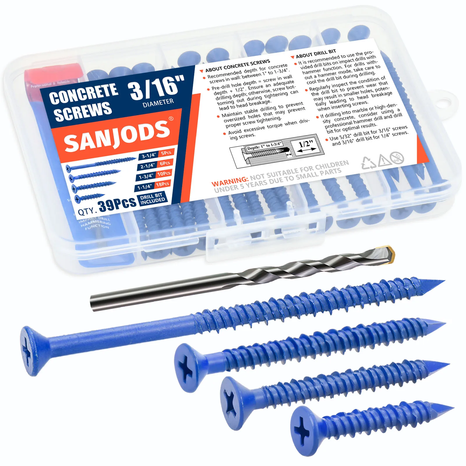 Concrete Screw Anchor Blue Flat Head Screws for Anchoring to Masonry Brick Block Cement or Stucco 3/16