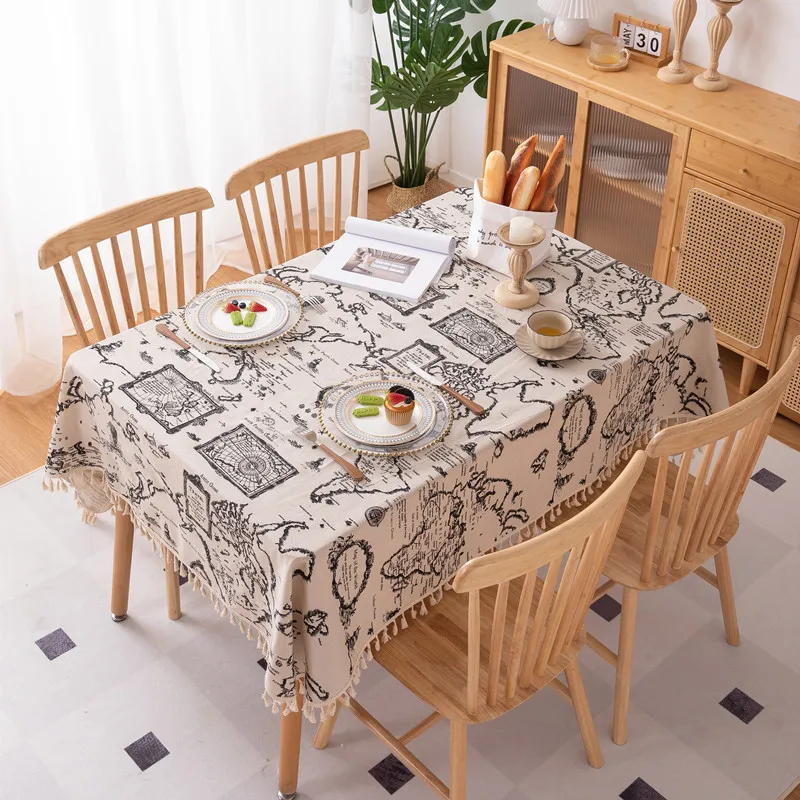 

JY23-A Vintage Tablecloth Polyester Cotton Printed Newspaper Map Tassel Home Rectangular Dining Table Cloth Coffee Table