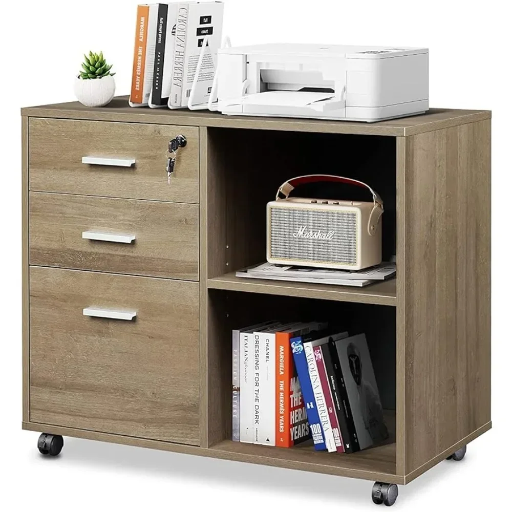 3-Drawer Wood File Cabinet with Lock, Mobile Lateral Filing Cabinet,Gray Oak 15.7