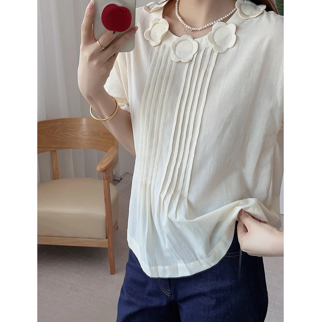 Csa Fena Casual de Verão com Manga Curta e Estilo Solto, Bordado Floral Cortado a Laser, Ombro com Pregas, Top Casual ...