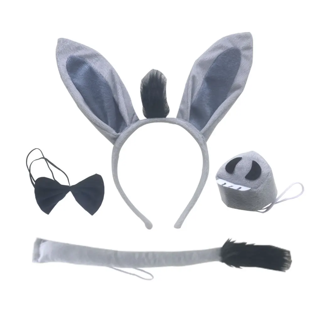 Volwassenen Kids Pluche Jongen Donkey Hoofdband Staart Tie Poot Neus Dier Verjaardagsfeestje Cosplay Kostuum Kerst Halloween