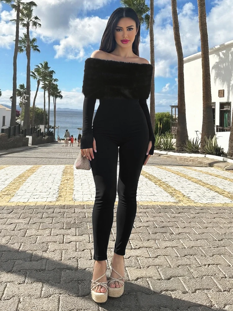 

Sisterlinda Women Furry Patchwork Jumpsuit Hipster Slash Neck Full Sleeve Sexy Winter Simple Stretch Skinny Street Club Overalls