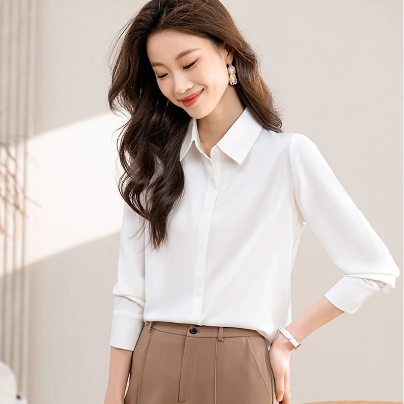 Chemises en Satin simples pour femmes, couleur unie, manches longues, chemisier formel de bureau, hauts décontractés, vêtements à la mode pour femmes, nouvelle collection 2025