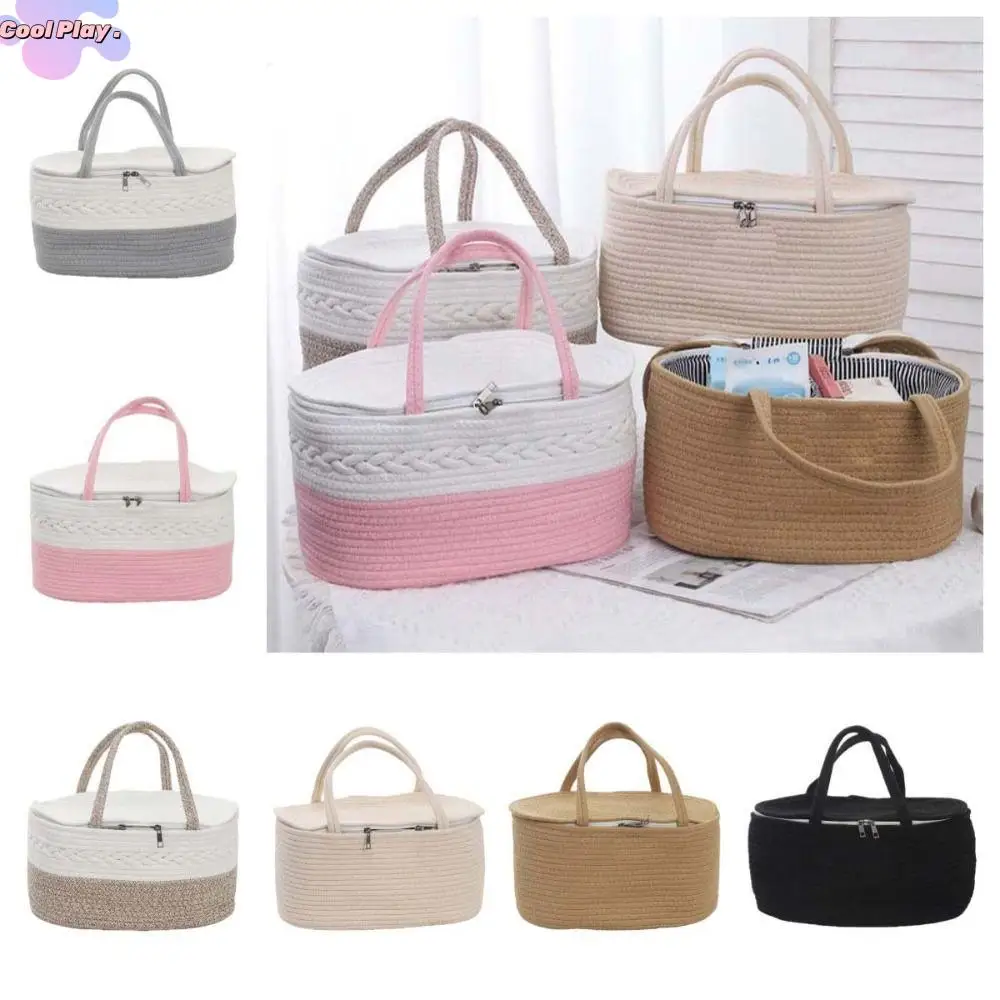 

Cotton Thread Rope Mummy Handbag Large Capacity Divided Into Compartments Diaper Storage Basket Shopping for Diaper/Toy Storage