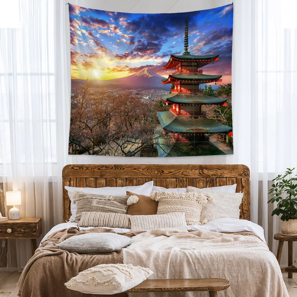 Mount Fuji Cherry Blossom Tapestry Japanese Nature Wall Art Decor for Home Bedroom Yoga Space