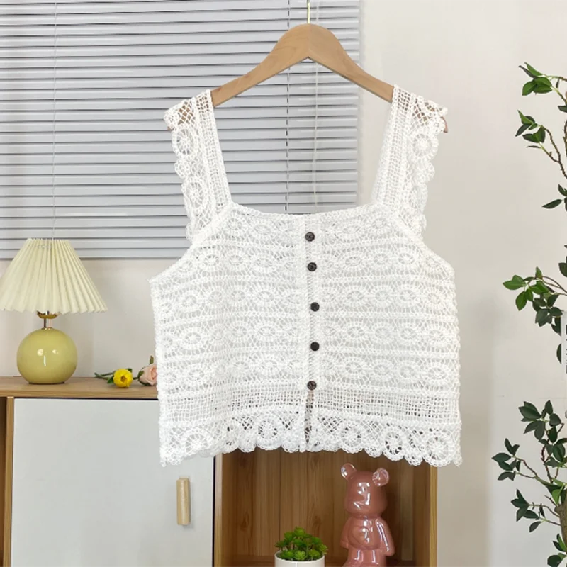 Square Neck Crochet Tank Top Button Front Sleeveless Sheer Open-knit Vest Blouse Women Spring Summer Boho Vacation Beach Outfit