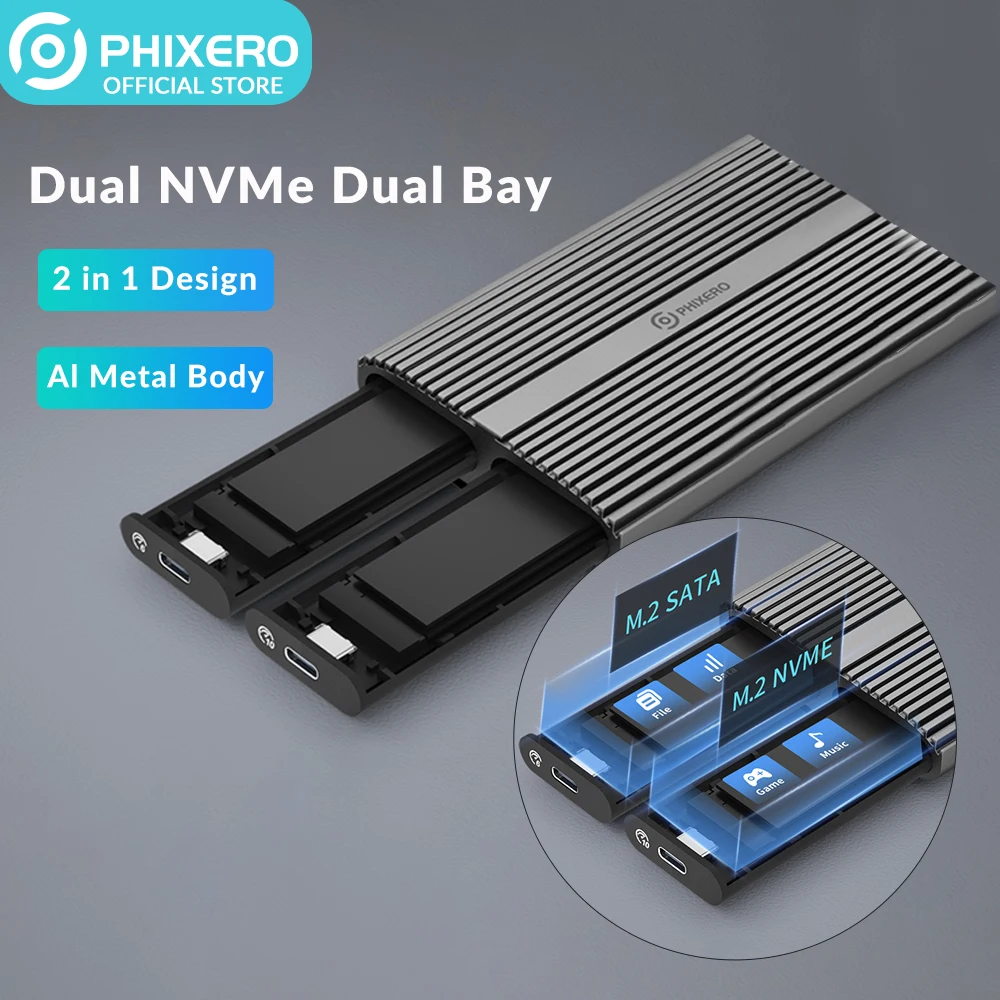 PHIXERO USB 3.1 C타입, 10Gbps 프리 듀얼 베이, M.2 NVMe 2bay SSD 인클로저, 10Gbps 블레이징 스피드 썬더볼트 3 윈도우와 호환