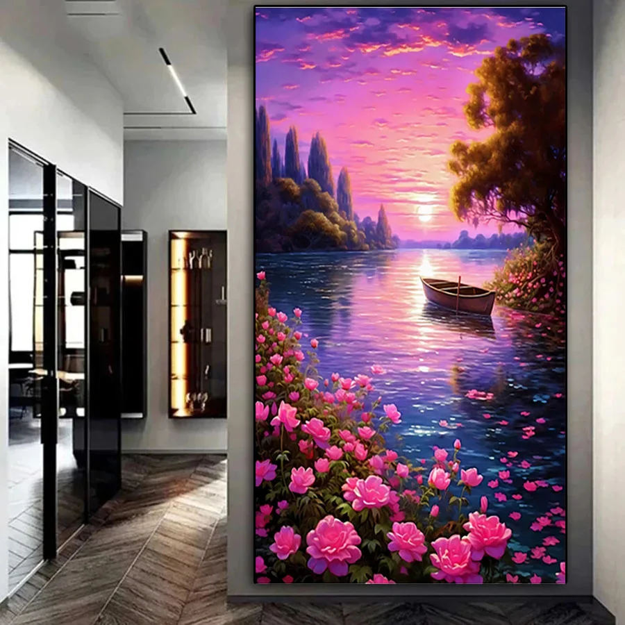 Pink Flower and Lakeside Boat diamond embroidery cross stitch sunset sky landscape diamond painting full drill home decoration