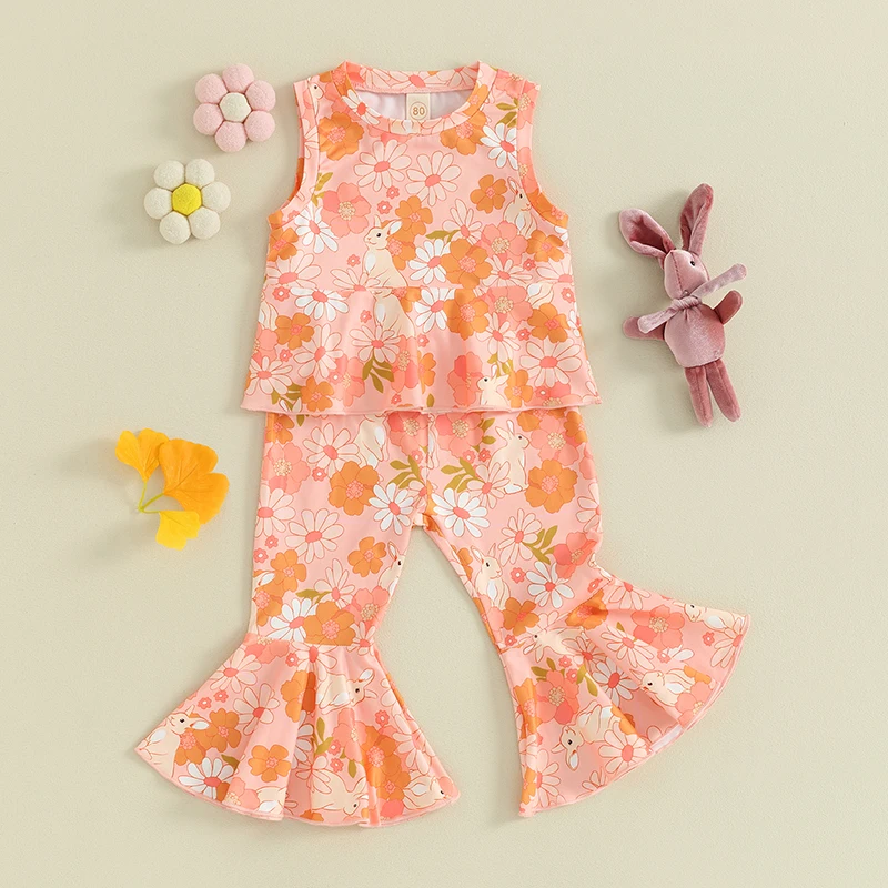 Toddler Girl Easter Outfit Bunny Floral Sleeveless Tank Tops Rabbit Bell Bottoms Infant Baby Easter Clothes