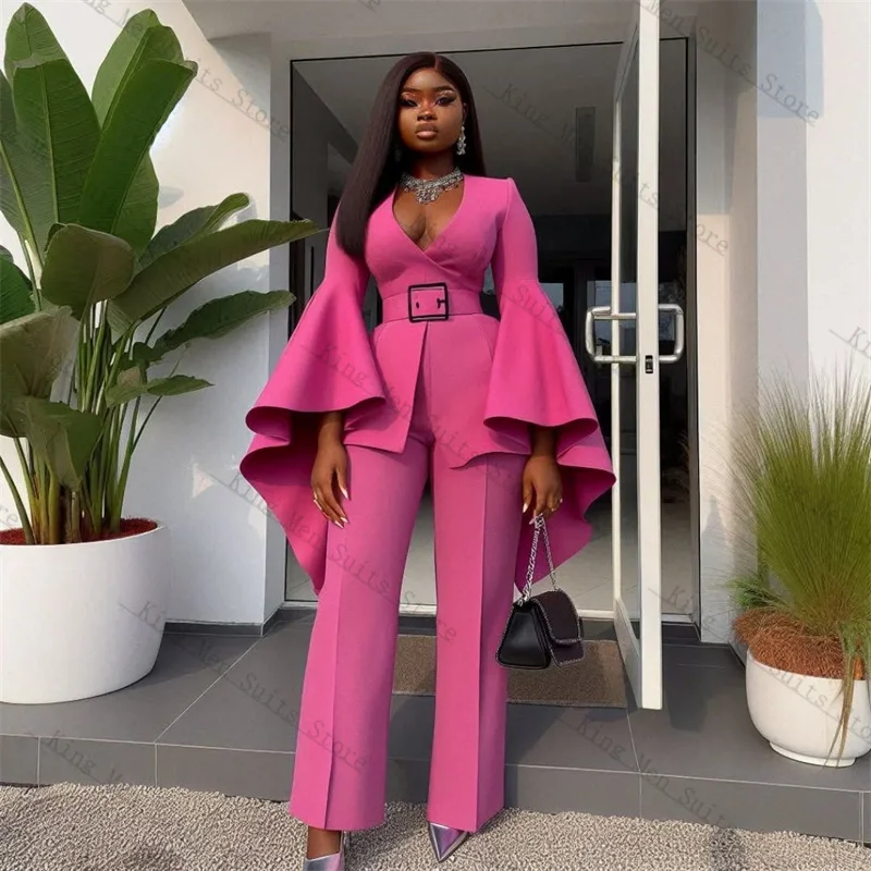 Pink Women Suits Set 2 Piece Blazer+Pants Belted Flare Sleeves Customized Formal Office Lady Jacket Cotton Wedding Tuxedo Coat