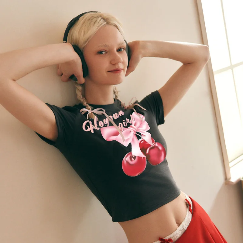 

Summer Sweet Cherry Bow Print Top Women Basic Round Neck Short Sleeve Girls Niche Slim Navel Exposed Y2K Versatile T-shirt