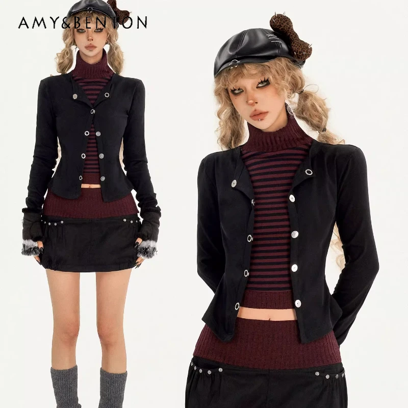 Cárdigan de punto falso de dos piezas con cuello alto para mujer, conjuntos de Falda corta con empalme a rayas adelgazantes originales, primavera 2026