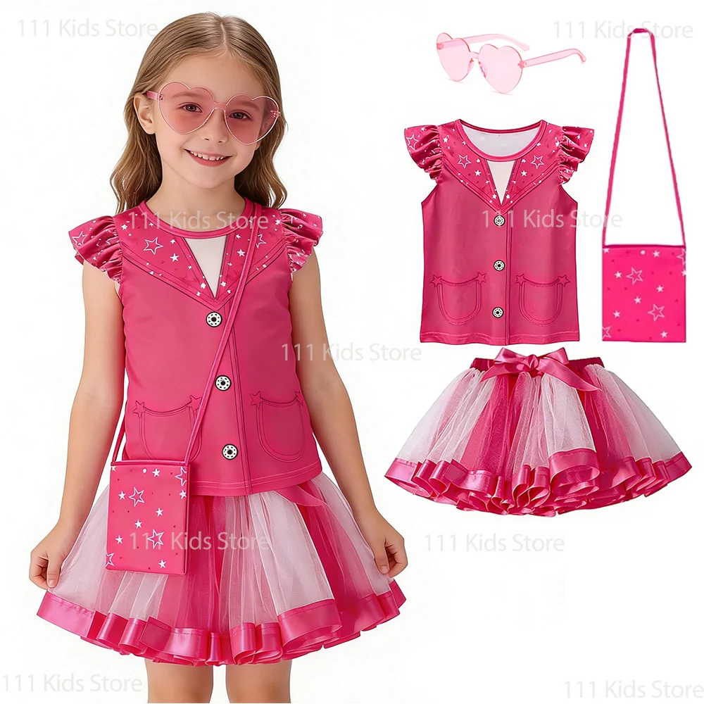 

Комплект из 4 предметов: костюм принцессы Пич для детей, летний комплект с юбкой, розовый повседневный наряд с рукавами-крылышками, карнавальный костюм для девочек