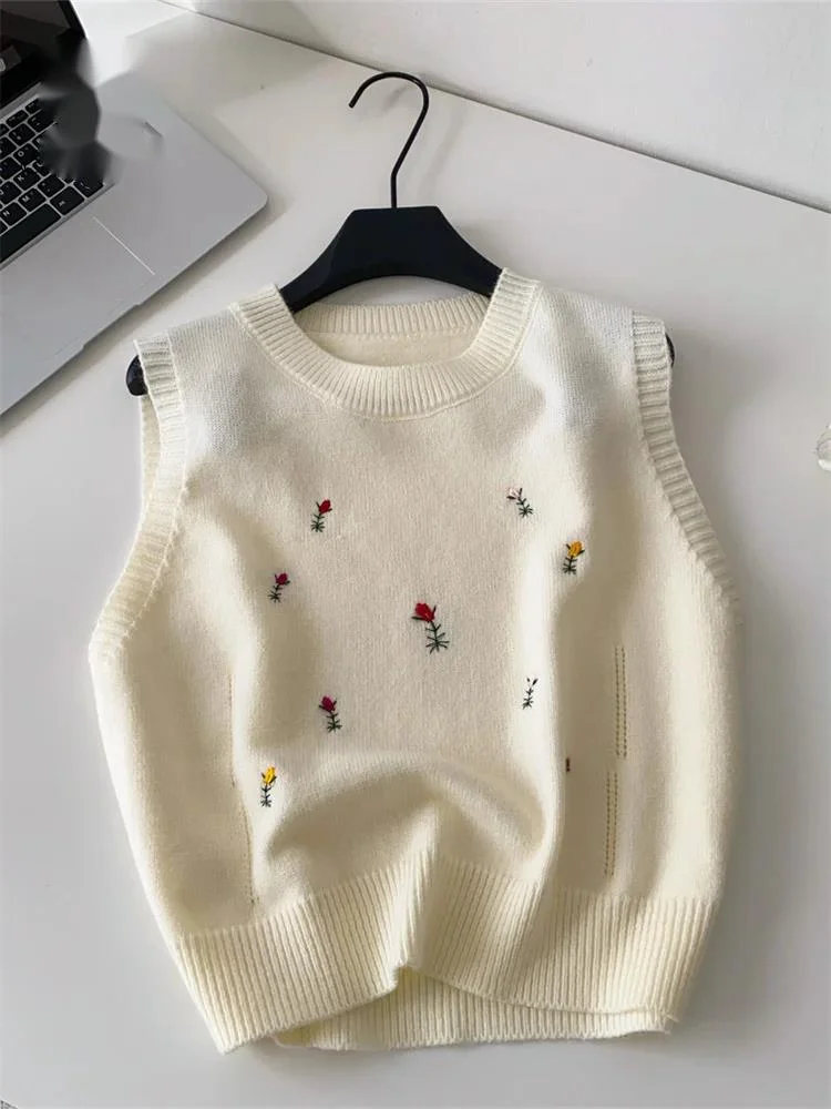 

Женская осенняя майка с вышивкой и круглым вырезом без рукавов, универсальный теплый свитер в корейском стиле, повседневные простые вязаные пуловеры