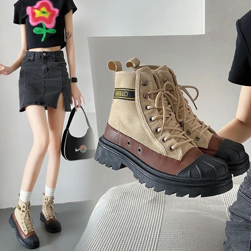 2023 New Creative Edition Chinese Women's Boots Breathable and Comfortable Vulcanized Shoes High Top Canvas Shoes Ladies Autumn