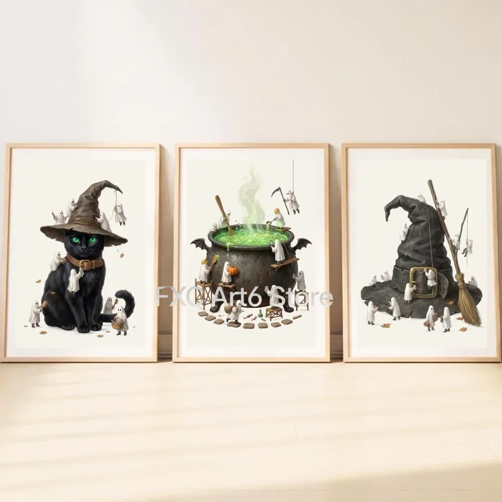 3pcs frameless -3Pcs Spooky Cute Halloween Black Cat Witch Canvas Wall Art Little Ghost Magic Poster Party Room  Decoration