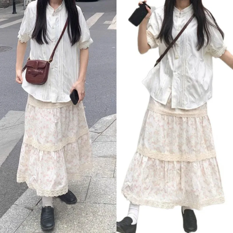 Cake Floral Skirt Lace Dress Girl 2024 Japan Korea Kawaii Sweet Wrinkl Lace A-line Skirt High Street Waist Mid Length Dress New