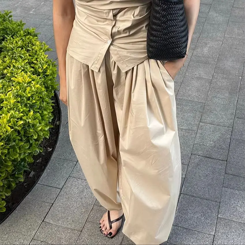 

WXOY Women High Waist Loose Pants Pleated Wide Leg Cotton Baggy Trousers French Street Style Casual Solid Color Outfit