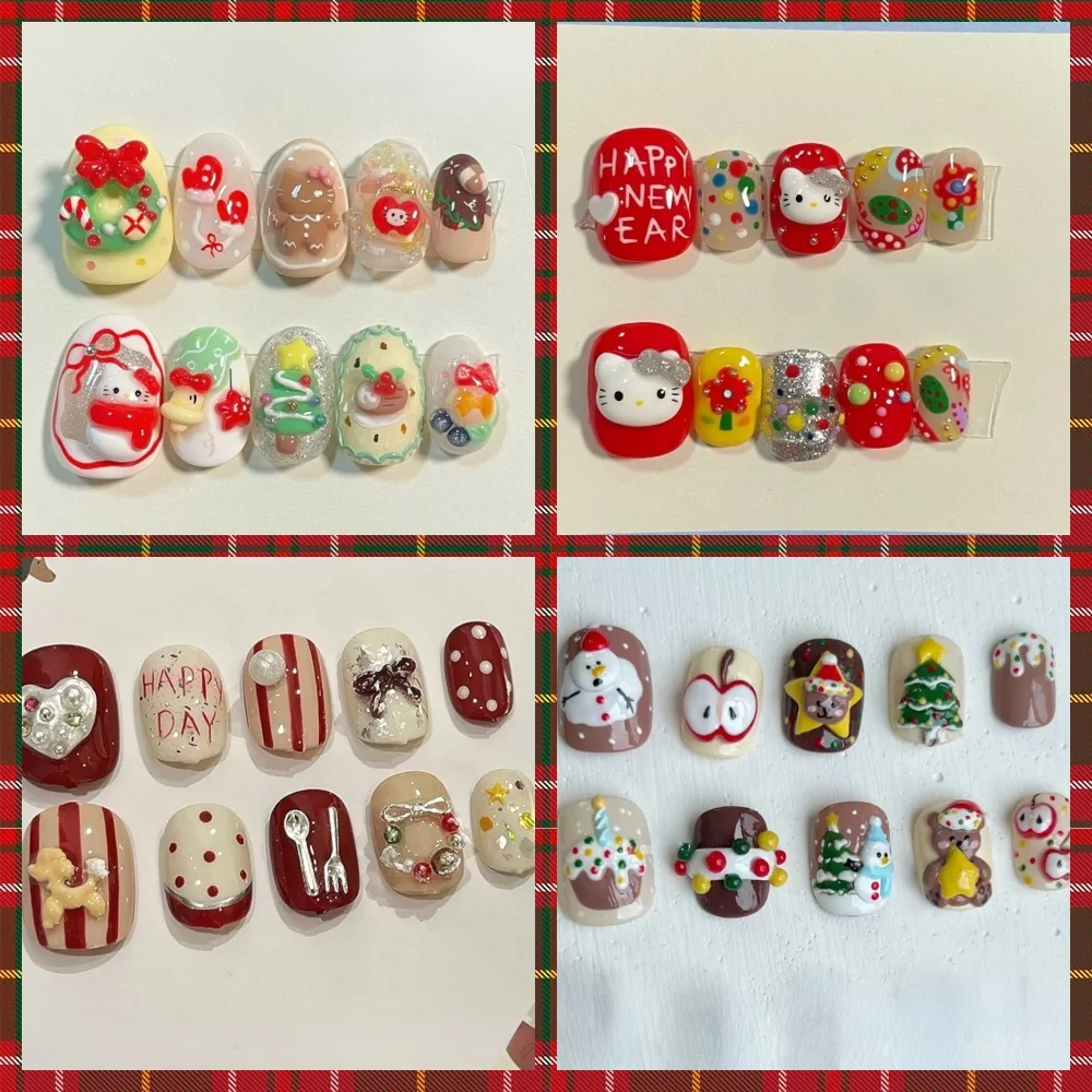 10 Pcs Handmade Press On Nails 2024 Christmas New Luxury Cute Kitty 3D Limited Short False Nails Design Art DIY Nails with Set