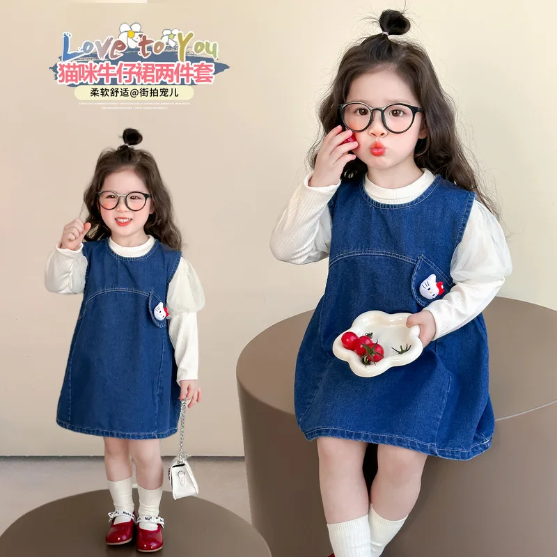 الفتيات الدنيم تنورة دعوى سانريو ربيع 2025 مرحبا كيتي ملابس الأطفال العصرية طفلة القط ربيع الخريف قطعتين مجموعة #1