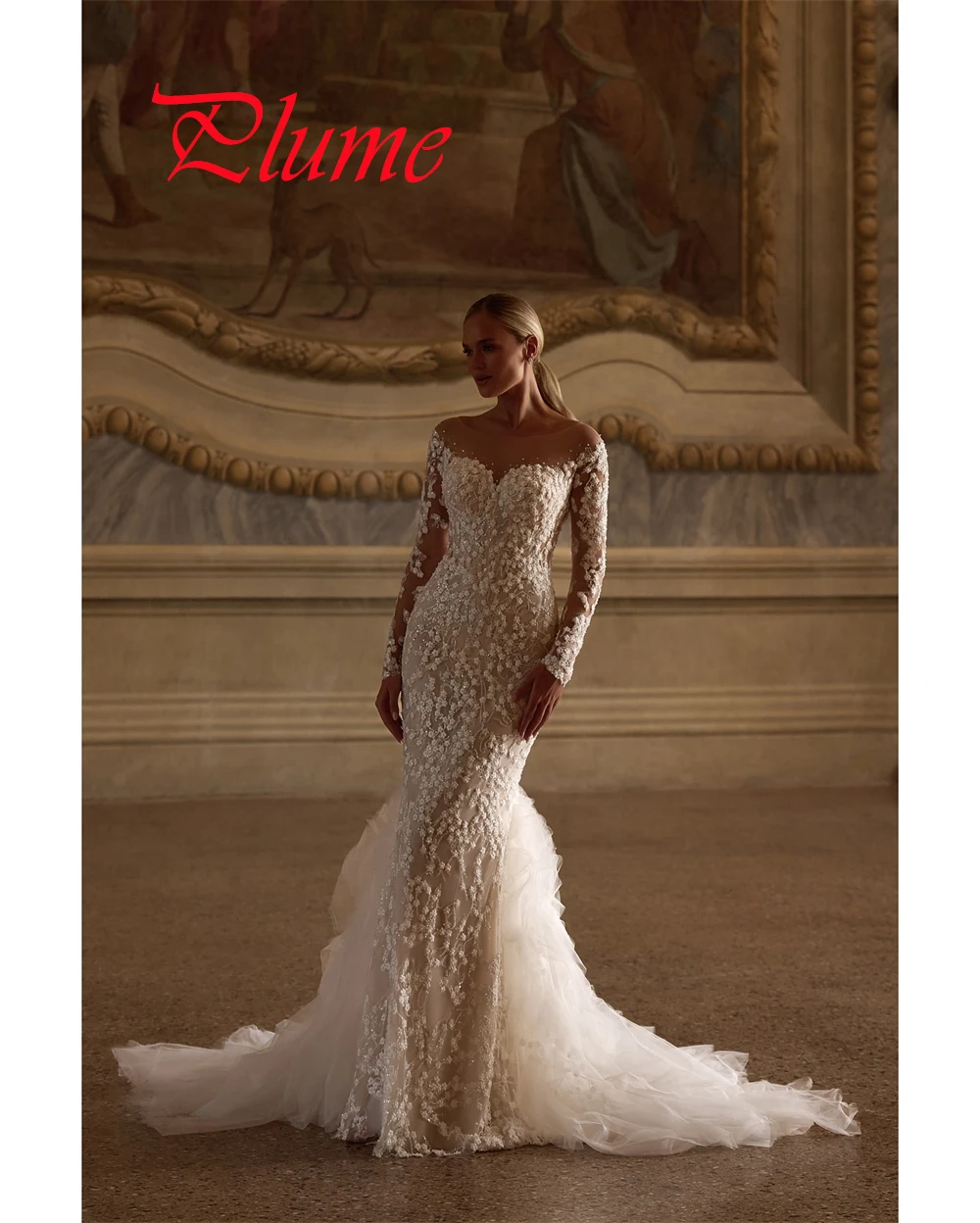

Customized Delicate White Organza Wedding Dress Romantic Scoop Long Sleeves Bridal Party High Quality Buttons Back Bridal Gowns
