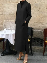 Urban Women 2024 Autumn New Long Sleeve Dress Stand Collar H-line Loose Fit Maxi Dress Daily Commuter Dress for Ladies