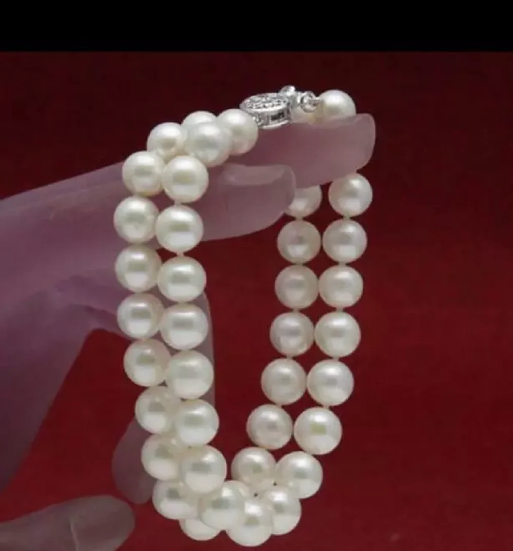 Amazing double stranded AAA+9-10mm natural South Sea round white pearl bracelet, 925s, 7.5-8 inch