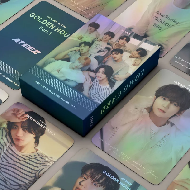 Album Kpop ATEEZ GOLDEN HOUR Part 1 Boxed Card 55pcs/Set Wysokiej jakości HD Photo Double Sides Pritning Yunho Mingi Fans Collection