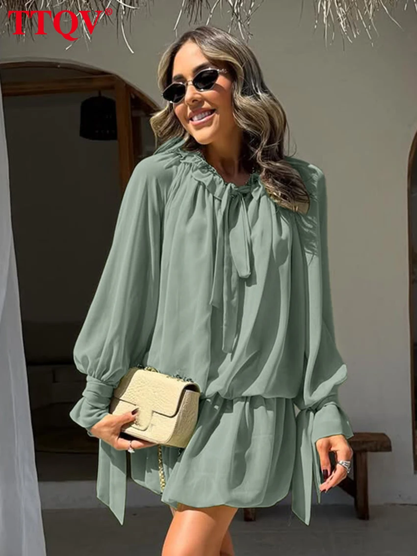 

TTQV Fashion Loose Green Women Dress 2026 Spring O-Neck Long Sleeve Mini Dresses Elegant Classic Pleated Female Dress Streetwear