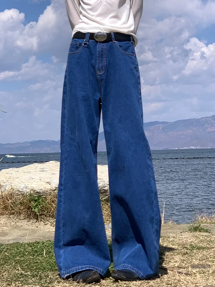 

Retro Deep Blue Washed American High Street Design Men's Casual Loose Straight Leg Jeans Draping Wide Leg Comfortable Trousers
