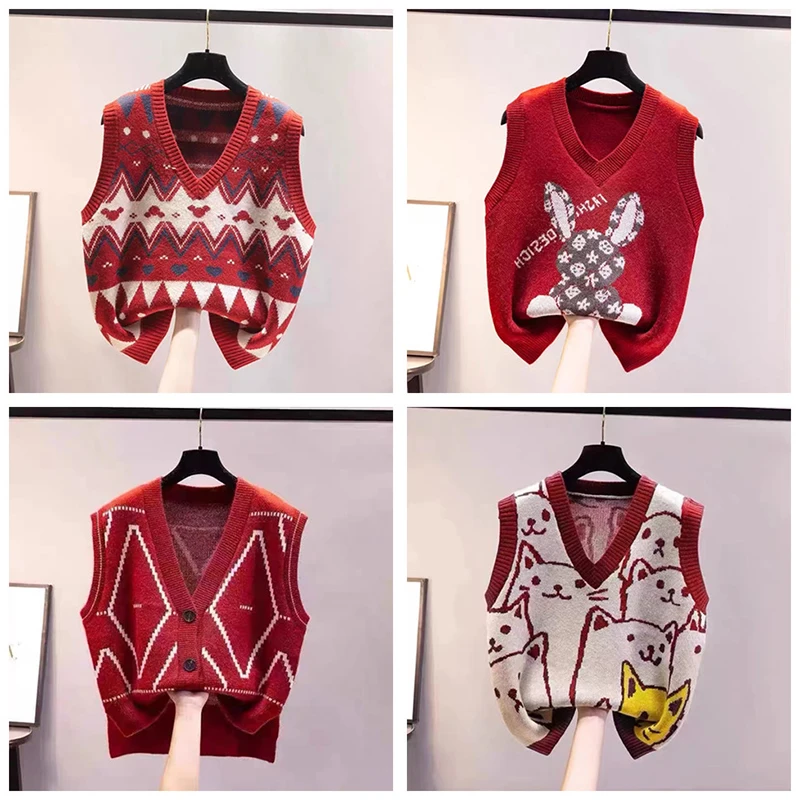 

Красный вязаный жилет с V-образным вырезом для женщин, осенне-зимний, свободного кроя, хлопковый, с пуговицами, повседневный, удобный, дышащий топ