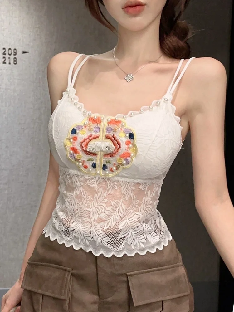 

Fashionable Small Strap Vest Women's New Chinese Design Lace Splicing Slim Short Style Top Pearl Button Korean Version Commute