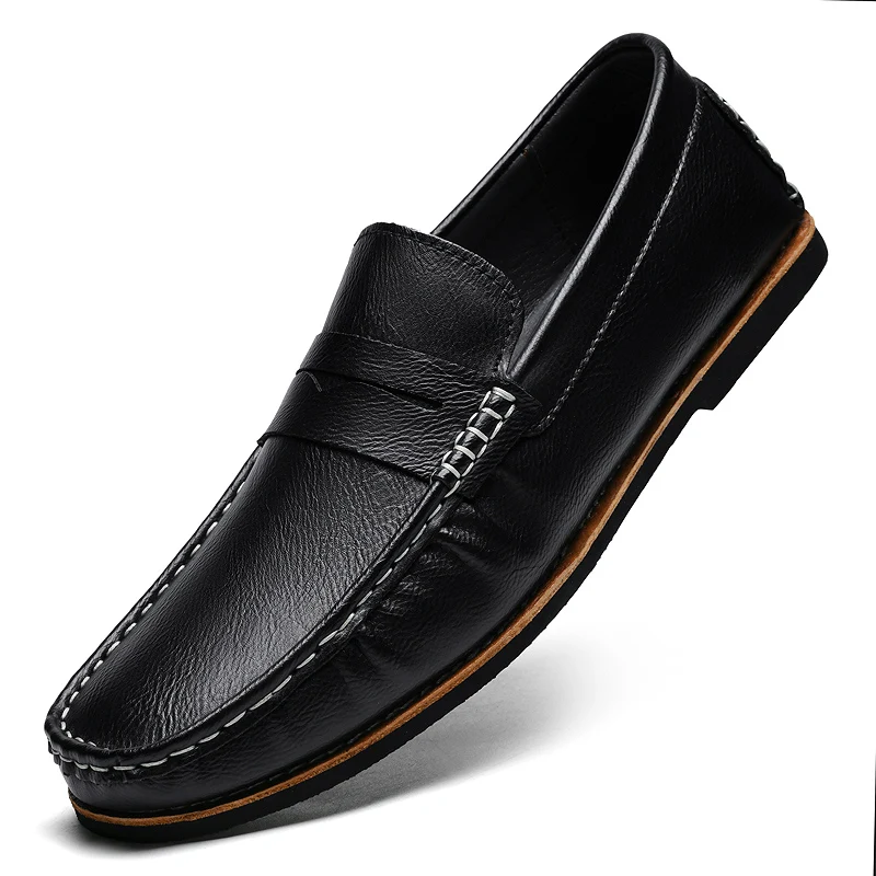 

Men Loafers Solid Color Round Toe Flat Bottom Comfortable Business Casual Hand Sewn Men Shoes