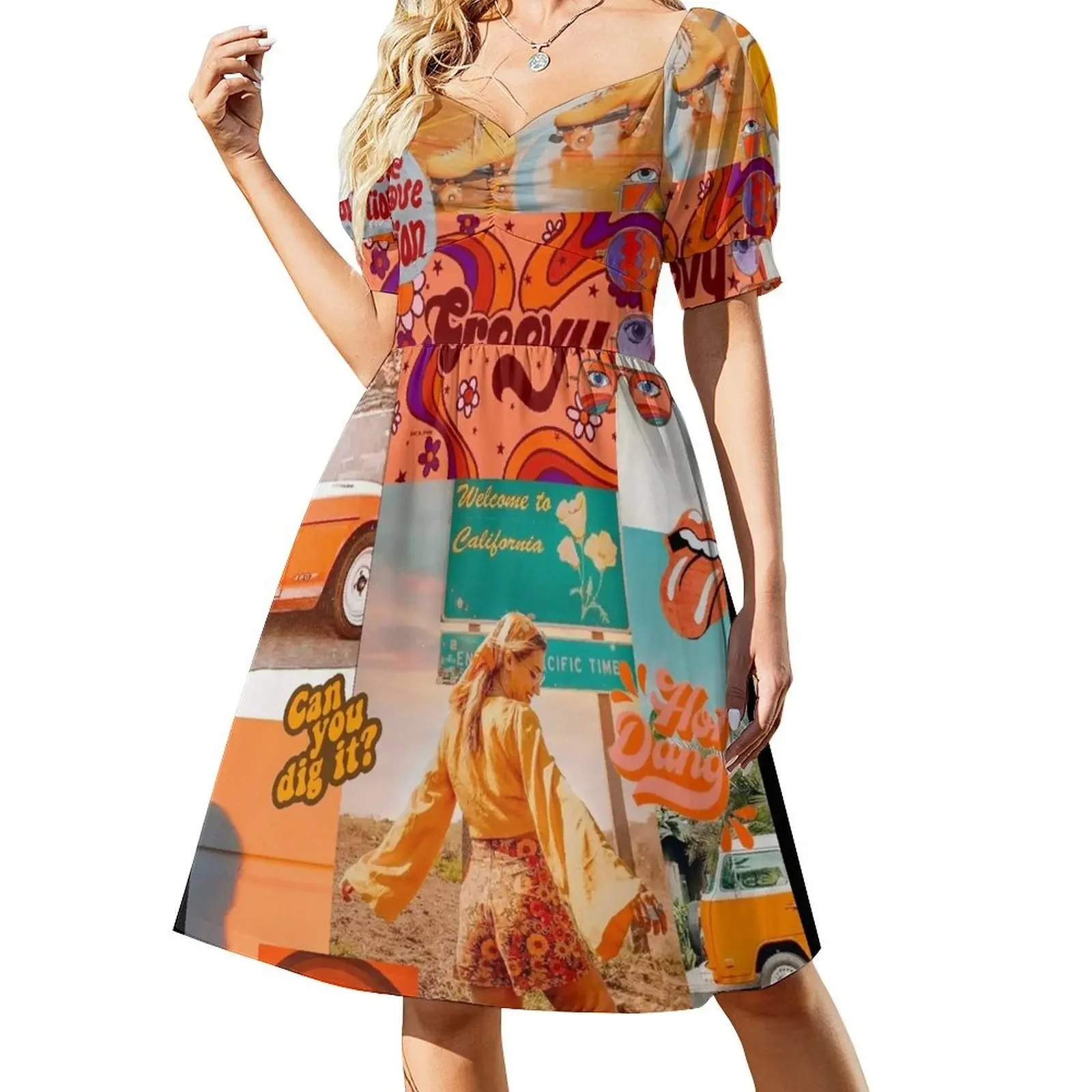 

Orange 70s Groovy Collage Sleeveless Dress Women's summer suit Cocktail of dresses dress for woman Dress