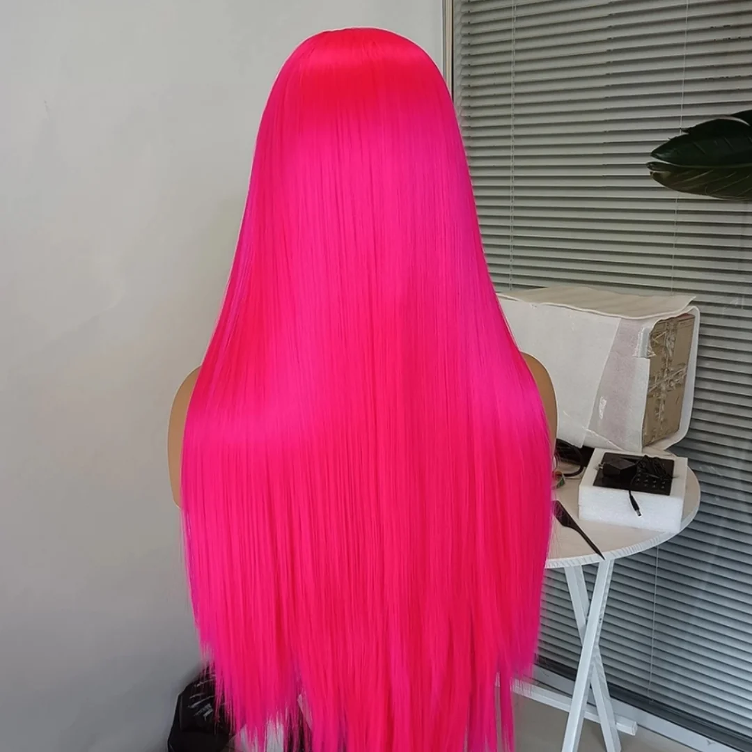 Rdy Hot Pink Lace Front Perücke langes glattes Haar Frontal Rose Red synthetische Spitze Perücken für Frauen täglich leimlosen natürlichen Haaransatz