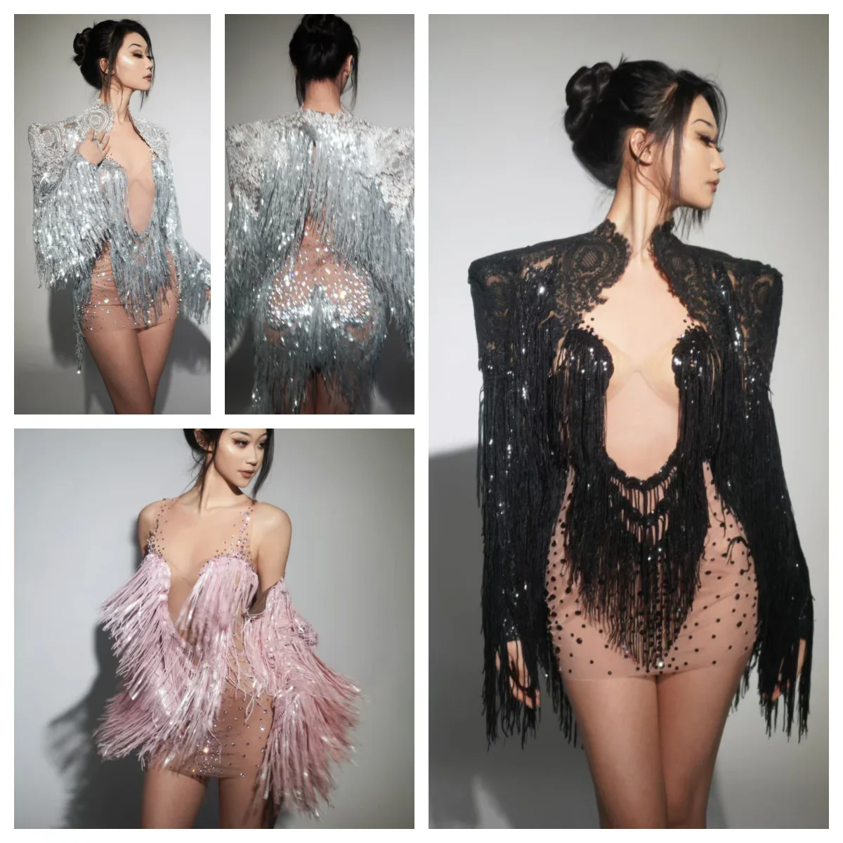 

Sexy Transparent Birthday Dance Costume Singer Stage Wear Sparkly Rhinestones Sequins Tassels Short Dress Shawl 2 Pieces Set