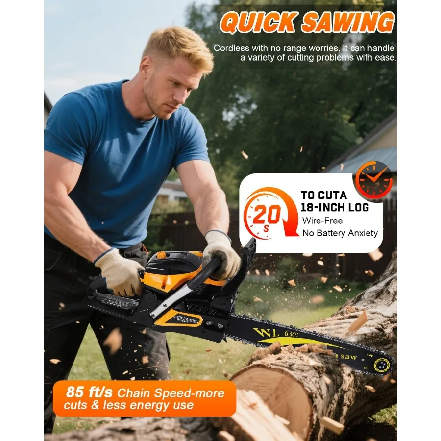 63CC Gas Powered Chainsaw 20 Inch 2-Cycle Engine with 2 Chains Bars Heavy Duty Gas Chain Saw for Tree Felling Logging and Firew