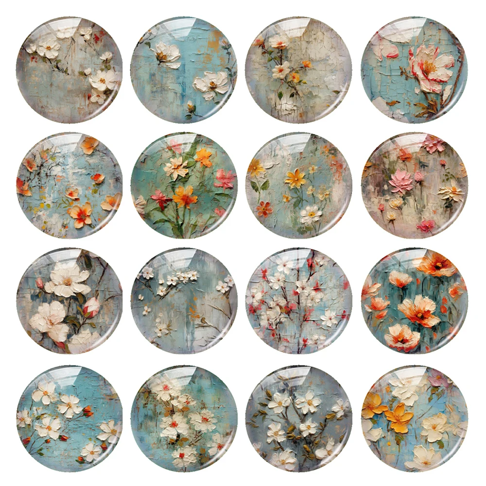 

Handmade Oil Painting Flower Floral Photo Glass Cabochon Charms Demo Flat Back Cameo For Diy Jewelry Making Findings Accessories