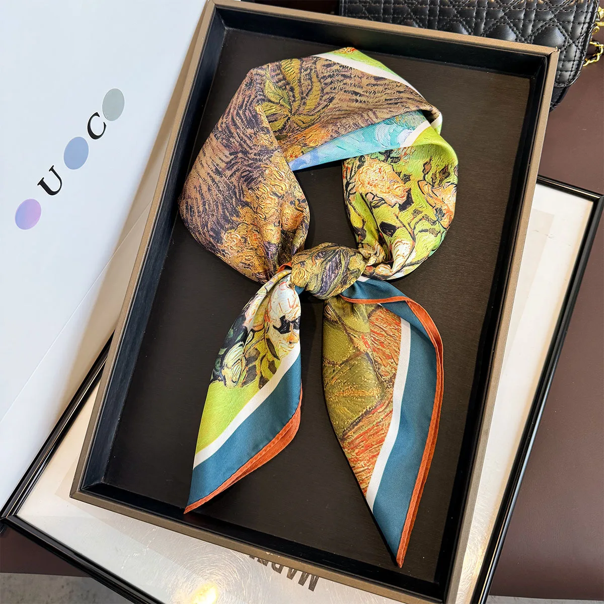 الوجهين طباعة وشاح فاخر تقليد الحرير ساحة وشاح المرأة منديل عصابات فولارد هيرباند رابطة عنق يلتف #2