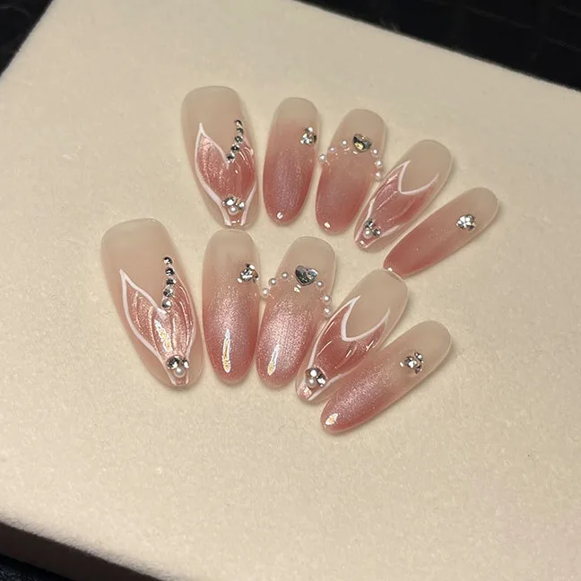 10 Stuks Glitter Handgemaakte Pers Op Nagels Volledige Dekking Zeemeermin 'S Staart Ontwerp Franse Ballerina Valse Nagels Draagbare Manicure Nagel Tips