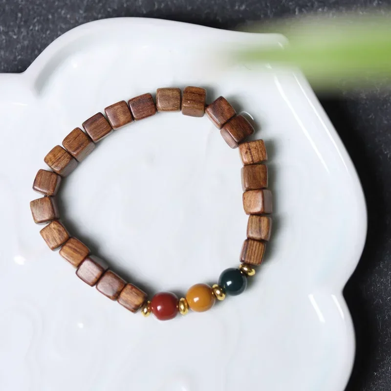 New Chinese Style Black Pear Sandalwood Square Sugar Beads Bracelet Tricolor Beaded Traffic Light Old Ethnic Style Hand String