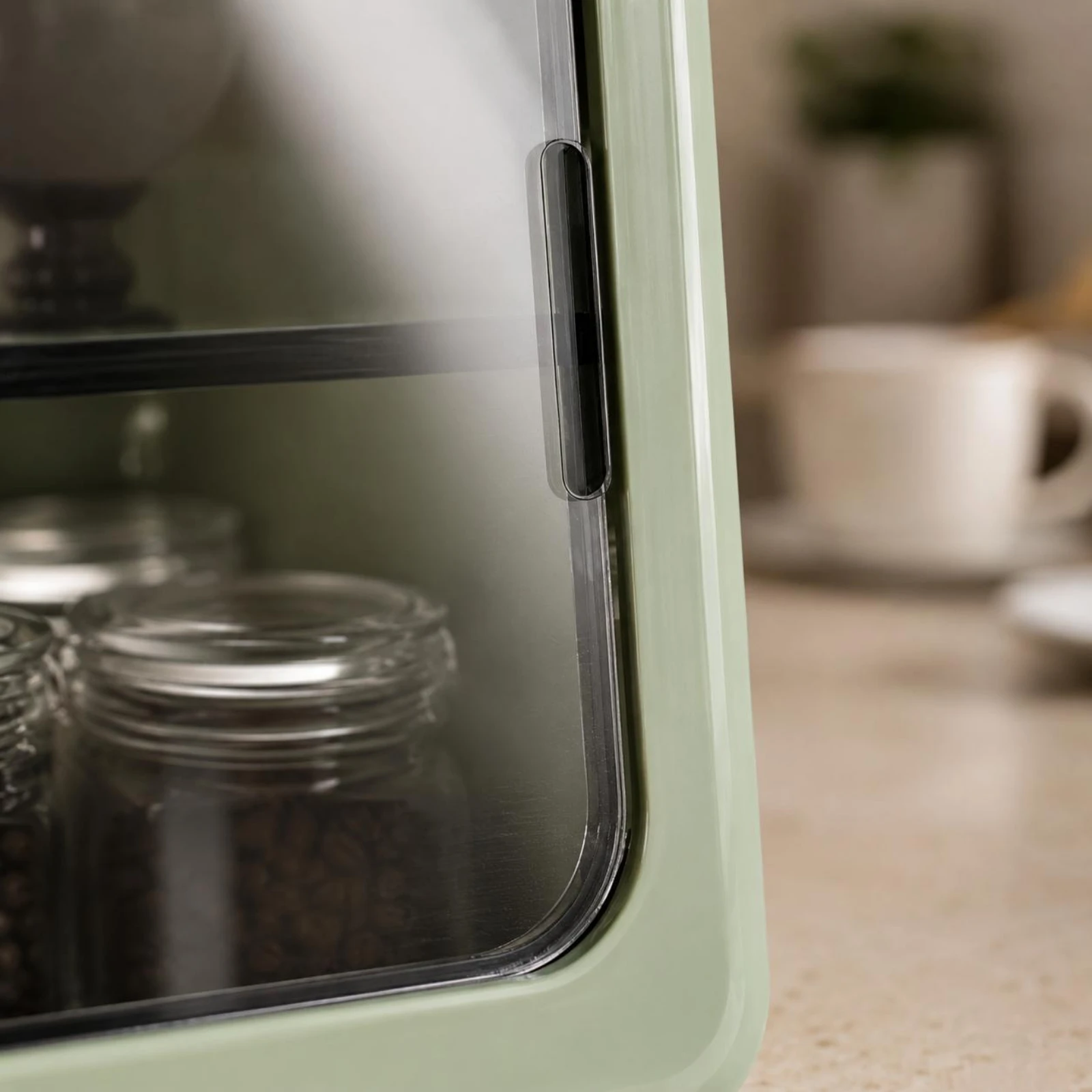 Sliding Door Cup Cabinet Countertop Two-Tier Cup Storage Rack Home Organization Clear Smoked Panel Pull out Shelf Opaque Body