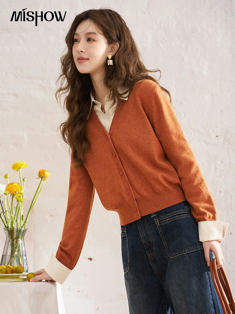 MISHOW Fake Two Pieces Knitted Cardigan for Women Spring 2024 Turn-down Collar Patchwork Contrast Color Sweater Top MXD11Z0500